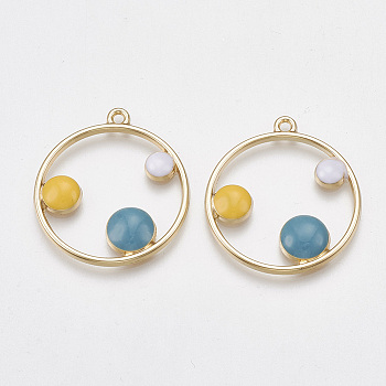 Alloy Pendants, with Enamel, Flat Round, Light Gold, Cadet Blue, 31x27.5x3.5mm, Hole: 1.2mm