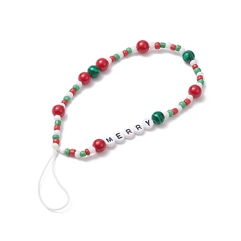 Christmas Glass Beaded Mobile Straps, with Natural Dyed Mashan Jade & Synthetic Malachite Beads, Nylon Thread Mobile Accessories Decoration, Word Merry, Colorful, 19cm