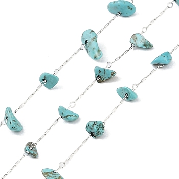 Handmade Natural Turquoise Chip Beads Chain, with 304 Stainless Steel Paperclip Chains, Soldered, with Spool, Stainless Steel Color, 5.5~10x2.5~5x2~3mm