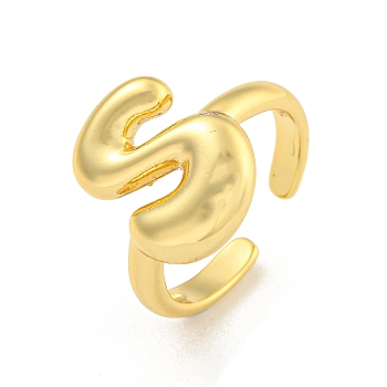 Brass Letter Open Cuff Rings for Women, Adjustable, Real 18K Gold Plated, Letter S, 15~16.5x7~16.5mm