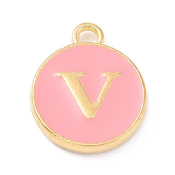 Golden Plated Alloy Enamel Charms, Enamelled Sequins, Flat Round with Alphabet, Letter.V, Pink, 14x12x2mm, Hole: 1.5mm