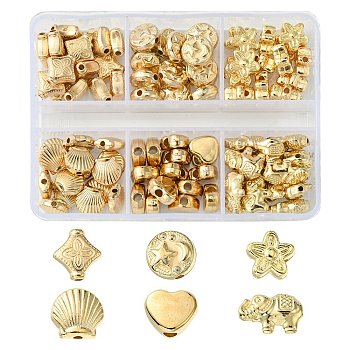 90Pcs 6 Style Plating ABS Plastic Beads, Mixed Shapes, Light Gold Plated, 8~10.5x9~12.5x4mm, Hole: 1.2~2mm, 15pcs/style