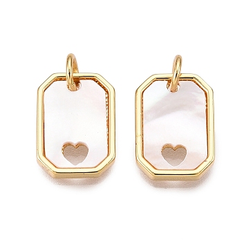 Brass & Shell Charms, Rectangle & Heart, Real 18K Gold Plated, 13.5x10x2mm, Hole: 3mm