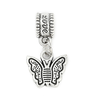 Rack Plating Brass European Dangle Charms, Butterfly Large Hole Pendants, Lead Free & Cadmium Free, Antique Silver, 22mm, Hole: 4.5mm