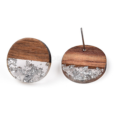 Resin & Walnut Wood Flat Round Stud Earrings with 304 Stainless Steel Pin for Women(EJEW-TADZ0001-01S)-3