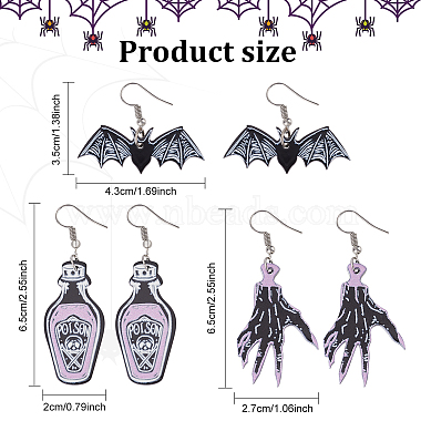 3 Pairs 3 Style Skeleton Hand & Bat & Bottle Acrylic Dangle Earrings for Halloween(EJEW-AN0002-93)-2