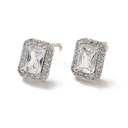 Clear Cubic Zirconia Rectangle Stud Earrings, Long-Lasting Plated Brass Jewelry for Women, Cadmium Free & Lead Free, Real Platinum Plated, 9x7mm, Pin: 1mm(EJEW-K093-20P)