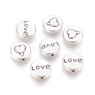 Valentines Gift Ideas for Her Tibetan Silver Beads, Flat Round with Heart and Word LOVE, Antique Silver, Lead Free & Cadmium Free & Nickel Free, 13x5mm, Hole: 1mm(LF8937Y-NF)