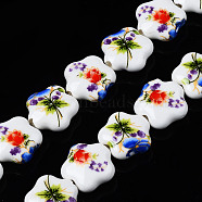 Handmade Porcelain Ceramic Beads Strands, Flower Printed, Flower, Red, 14x15x6mm, Hole: 1.8mm, about 23pcs/strand, 12.4 inches(31.5cm)(PORC-S502-034B)