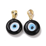 Handmade Lampwork Evil Eye Pendants, with Real 18K Gold Plated Brass Findings, Cadmium Free & Lead Free, Black, 15x12x5mm, Hole: 4.5x3.5mm(LAMP-P057-01G-03)