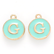 Golden Plated Alloy Enamel Charms, Cadmium Free & Lead Free, Enamelled Sequins, Flat Round with Letter, Turquoise, Letter.G, 14x12x2mm, Hole: 1.5mm(X-ENAM-S118-05G)