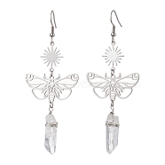 201 Stainless Steel Butterfly Dangel Earrings, with Natural Quartz Crystal Beads, Stainless Steel Color, 85x32.5mm(EJEW-JE05770)