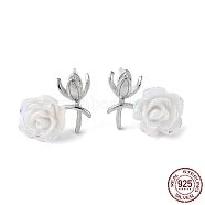 Rhodium Plated 925 Sterling Silver Stud Earring Findings, with Resin, Flower, for Half Drilled Beads, with S925 Stamp, Real Platinum Plated, 10x14mm, Pin: 11x0.9mm and 0.8mm(STER-M115-10P)