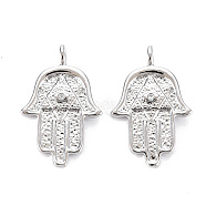 Brass Micro Pave Clear Cubic Zirconia Pendants, Nickel Free, Textured, Hamsa Hand/Hand of Miriam, Real Platinum Plated, 23x14.5x1.5mm, Hole: 2mm(KK-S356-539P-NF)