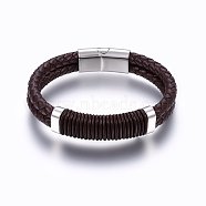 Leather Braided Cord Bracelets, 304 Stainless Steel Magnetic Clasp, Rectangle, Coconut Brown, 8-5/8 inch(22cm), 12~15x6~10mm(BJEW-E345-08A-P)