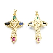 Brass Micro Pave Cubic Zirconia Pendants, Real 18K Gold Plated, Cross, Colorful, 38x22x3.5mm, Hole: 2x3.5mm(KK-G431-29G-02)