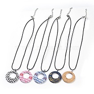 Raffia Woven Pendants Necklaces, with Cowhide Leather Cord and 304 Stainless Steel Findings, Flat Round, Mixed Color, 17.71 inch(45cm), 1.7mm(NJEW-JN02357)