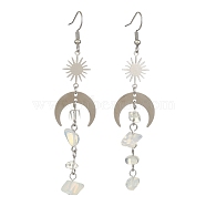 Opalite Chips Tassel Dangle Earrings, Brass Sun & 201 Stainless Steel Moon Long Drop Earrings, 80~85x20mm(EJEW-TA00260-01)