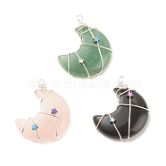 Natural & Synthetic Gemstone Pendants, with Copper Wire and Rainbow Color Star Brass Beads, Moon, Silver, 41.5~43.5x34.5~35x8.5~11mm, Hole: 3~3.5mm(PALLOY-JF01624-02)