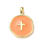 Brass Enamel Pendants, Light Gold, Flat Round with Cross, Dark Orange, 18x13.5x3.5mm, Hole: 2x3.5mm(KK-G417-01LG-01)