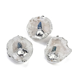 Natural Kyanite & Druzy Agate Geode Pendants, Flat Round Charms with Stainless Steel Findings, Stainless Steel Color, 45~54.5x36~48x13~21.5mm, Hole: 2x4.5mm(G-G162-02P-01)