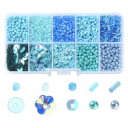 DIY Beads Jewelry Making Finding Kit, Including Disc & Flower Plastic Paillette & Tube Glass Bugle & Imitation Pearl Beads, Deep Sky Blue(DIY-YW0006-53)