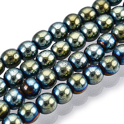 Non-magnetic Synthetic Hematite Beads Strands, Grade A, Round, Green Plated, 4mm, Hole: 1mm, about 95~100pcs/strand, 15.5 inch(G-S096-4mm-1)