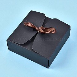 Kraft Paper Gift Box, Folding Boxes, with Ribbon, Bakery Cake Biscuits Box Container, Square, Black, Unfold: 38x40x0.03cm, Finished Product: 14x14x5cm(CON-K006-05B-03)