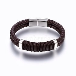 Leather Braided Cord Bracelets, 304 Stainless Steel Magnetic Clasp, Rectangle, Coconut Brown, 8-5/8 inch(22cm), 12~15x6~10mm(BJEW-E345-08A-P)