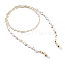 Eyeglasses Chains, Neck Strap for Eyeglasses, with Glass Seed Beads, Plating Acrylic Beads, Glass Beads, Zinc Alloy Lobster Claw Clasps and Rubber Loop Ends, Word Love, White, 26.1 inch(66.3cm)(AJEW-EH00119)