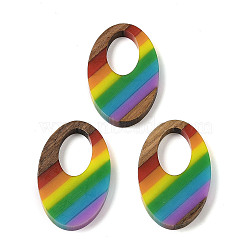 Pride Rainbow Theme Resin & Walnut Wood Pendants, Oval, Colorful, 35.5x21.5x3.5mm, Hole: 17x10mm(WOOD-K012-01)