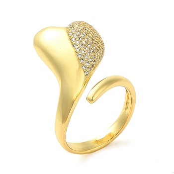 Brass Micro Pave Cubic Zirconia Cuff Rings, Heart, Real 16K Gold Plated, US Size 8 1/2(18.5mm)