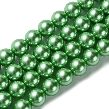 Eco-Friendly Glass Pearl Beads Strands, Grade A, Round, Dyed, Cotton Cord Threaded, Spring Green, 14mm, Hole: 1.2~1.5mm, about 30pcs/strand, 15.7 inch