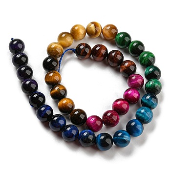 Gradient Color Natural Tiger Eye Beads Strands, Round, Grade A, Mixed Dyed and Undyed, 10~10.5mm, Hole: 1mm, about 68pcs/strand, 15.28''(38.8cm)