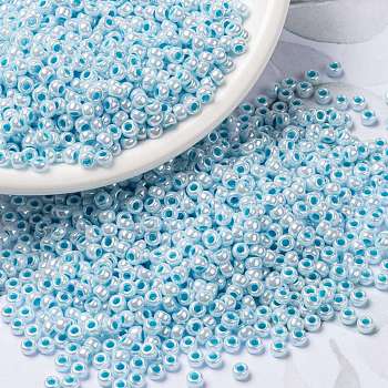 MIYUKI Round Rocailles Beads, Japanese Seed Beads, 8/0, (RR430) Aqua Lined White Pearl, 3mm, Hole: 1mm, about 422~455pcs/10g