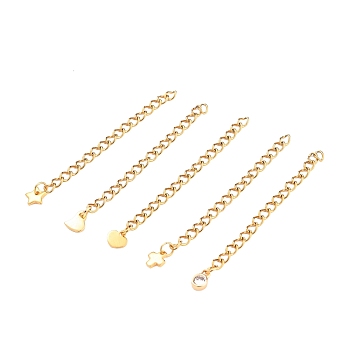 Vacuum Plating 304 Stainless Steel Chains Extender, with Brass Cubic Zirconia Charms and 304 Stainless Steel Charms, Mixed Shapes, Golden, 58mm