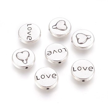 Valentines Gift Ideas for Her Tibetan Silver Beads, Flat Round with Heart and Word LOVE, Antique Silver, Lead Free & Cadmium Free & Nickel Free, 13x5mm, Hole: 1mm