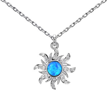 Sun Rhodium Plated 925 Sterling Silver Pendant Necklaces, with Synthetic Opal, Real Platinum Plated, 15.75 inch(40cm)