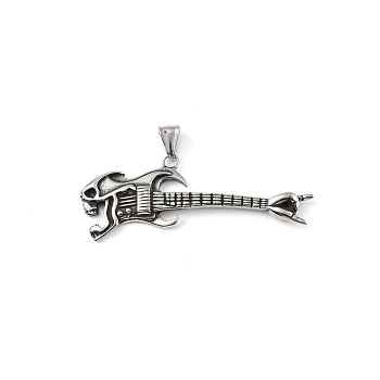 304 Stainless Steel Big Pendants, with 201 Stainless Steel Snap on Bails, Skull Bass Charm, Antique Silver, 26.5x68x4mm, Hole: 9x4mm