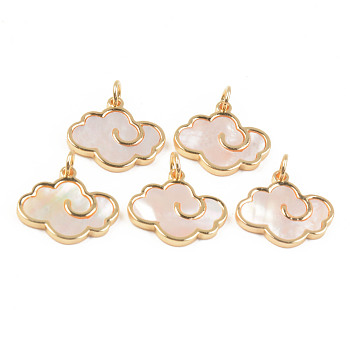 Natural White Shell Mother of Pearl Shell Pendants, with Golden Brass Findings and Jump Ring, Cloud, Seashell Color, 15x16.5x2mm, Jump Ring: 5x0.8mm, Hole: 3mm