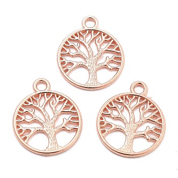 Alloy Pendants, Flat Round with Tree of Life Charms, Rose Gold, 37.5x34x1.5mm, Hole: 2mm