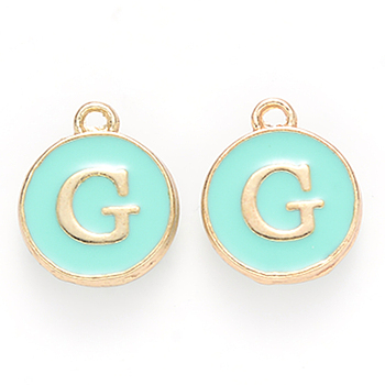 Golden Plated Alloy Enamel Charms, Cadmium Free & Lead Free, Enamelled Sequins, Flat Round with Letter, Turquoise, Letter.G, 14x12x2mm, Hole: 1.5mm