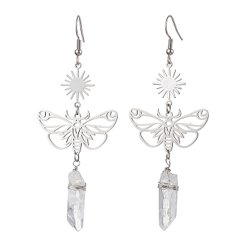 201 Stainless Steel Butterfly Dangel Earrings, with Natural Quartz Crystal Beads, Stainless Steel Color, 85x32.5mm