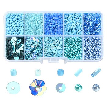 DIY Beads Jewelry Making Finding Kit, Including Disc & Flower Plastic Paillette & Tube Glass Bugle & Imitation Pearl Beads, Deep Sky Blue