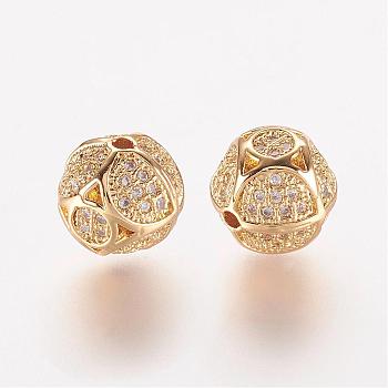 Brass Micro Pave Cubic Zirconia Beads, Round, Golden, 9.5x9.5mm, Hole: 1mm