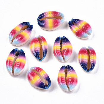 Printed Natural Cowrie Shell Beads, No Hole/Undrilled, with Rainbow Stripe Pattern, Colorful, 18~22x13~14x6~8mm
