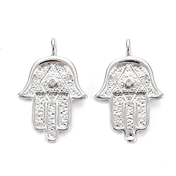 Brass Micro Pave Clear Cubic Zirconia Pendants, Nickel Free, Textured, Hamsa Hand/Hand of Miriam, Real Platinum Plated, 23x14.5x1.5mm, Hole: 2mm