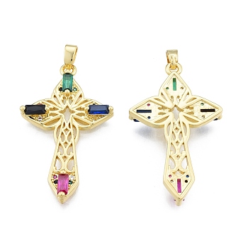 Brass Micro Pave Cubic Zirconia Pendants, Real 18K Gold Plated, Cross, Colorful, 38x22x3.5mm, Hole: 2x3.5mm