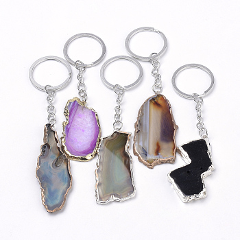 Plated Natural Agate Keychain, with Iron Findings, Mixed Color, Nuggets, 105~122mm