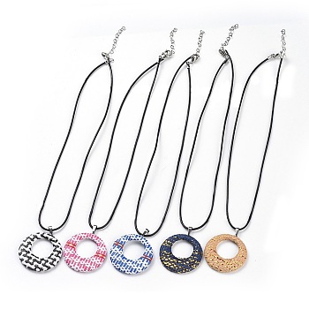 Raffia Woven Pendants Necklaces, with Cowhide Leather Cord and 304 Stainless Steel Findings, Flat Round, Mixed Color, 17.71 inch(45cm), 1.7mm